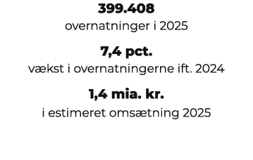 399.408 overnatninger i 2025 7,4 pct. v kst i overnatningerne ift. 2024 1,4 mia. kr. i estimeret oms tning 2025 