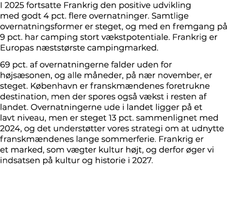 I 2025 fortsatte Frankrig den positive udvikling med godt 4 pct. flere overnatninger. Samtlige overnatningsformer er ...