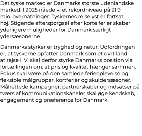 Det tyske marked er Danmarks st rste udenlandske marked. I 2025 n ede vi et rekordniveau p 21,9 mio. overnatninger. ...