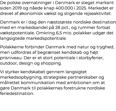 De polske overnatninger i Danmark er steget markant siden 2019 og n ede knap 400.000 i 2025. Markedet er drevet af k...